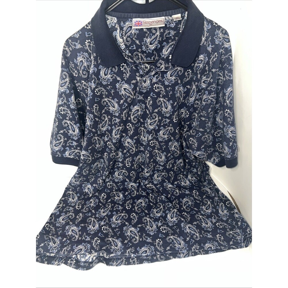 VTG Slazenger polo shirt Navy Blue With White And Blue Paisley Pattern XXL